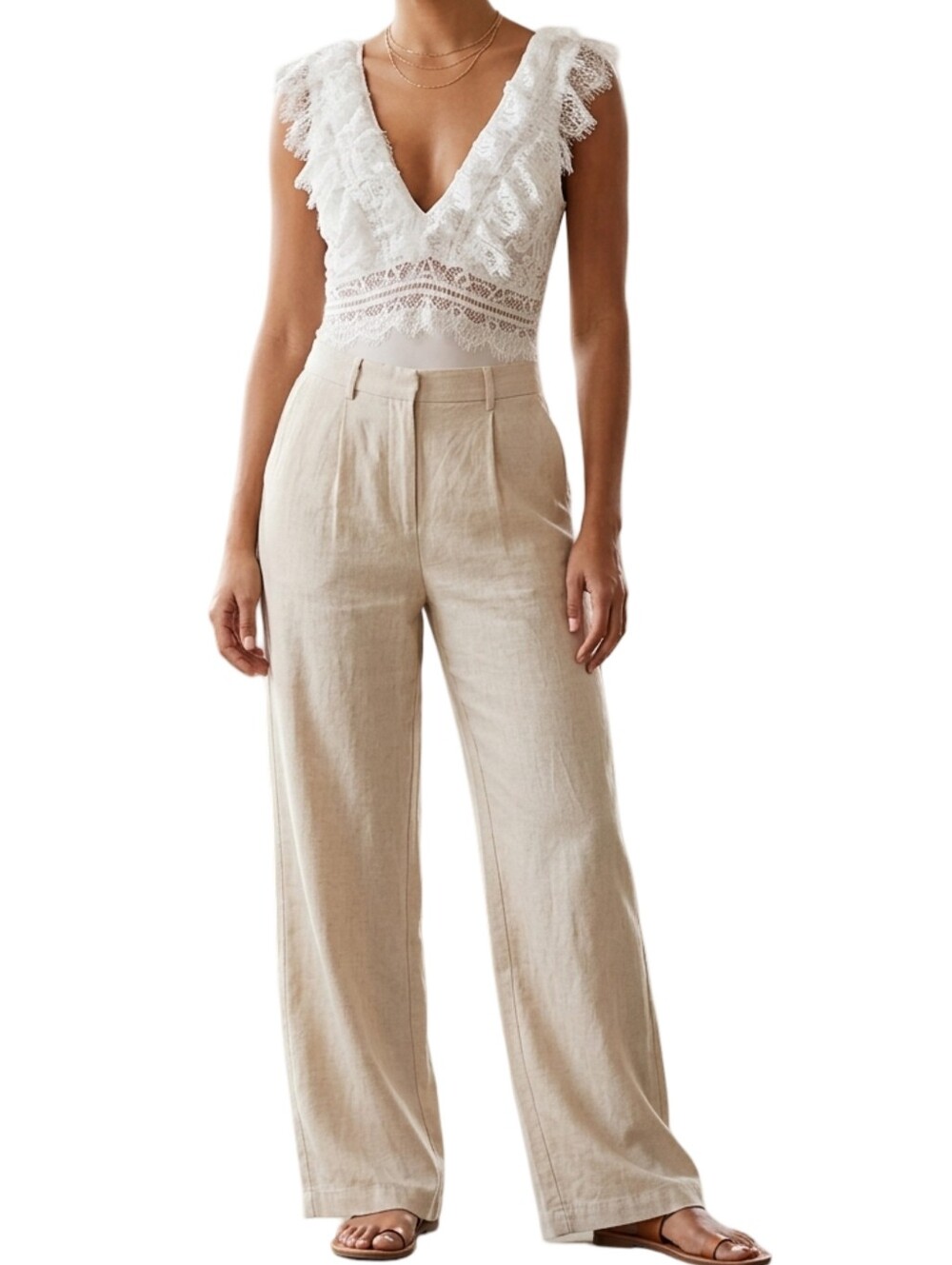SKYLAR ROSE White Lace Ruffle Deep V-Neck Bodysuit L
